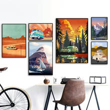 Cartoon Nordic Posters And Prints Car Sailboat Tourist Landscape Wall Art Canvas Painting Wall Pictures For Living Room Decor 2024 - buy cheap