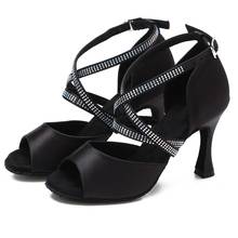 Ailove tango salsa latina swing sapatos de dança feminino ballroom casamento festa sandálias cetim preto saltos s67 2024 - compre barato