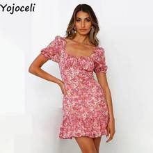 Yojoceli Elegant ruffle short chiffon women dress Summer sexy fitness mini dress Beach casual vintage dress vestidos 2024 - buy cheap