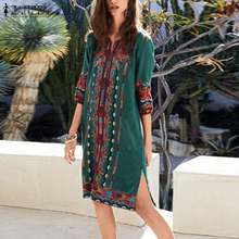 ZANZEA Women Bohemian Dress Autumn V Neck 3/4 Sleeve Floral Printed Sundress Femme Robe Split Hem Beach Vestido Vintage Dresses 2024 - buy cheap