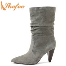 Grey High Cone Heels Ankle Boots Woman Pointed Toe Booties Large Size 14 15 Lady Fashion Mature Winter Warm Slip On Shoes Shofoo 2024 - buy cheap