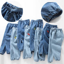 Crianças jeans para meninos e meninas, primavera e verão, jeans para meninas, casual, desenho animado solto, bordado, jeans fino, crianças 2024 - compre barato
