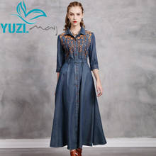 Vestido para mulheres 2020 yuzi, way boho novo vestido jeans feminino gola virada para baixo cintura alta com botões 2024 - compre barato