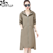UHYTGF Spring Autumn Trench Coat Korean Female Sun Protection Clothing Long Sleeve Hooded Thin Outerwear Loose Plus Size Tops156 2024 - buy cheap