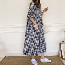 Korean long nightgowns women short sleeve loose nightshirt female casual plaid night shirt lapel ladies nightdress outer wear 2024 - buy cheap