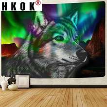 HKOK Animal Wolf Realist Tapestry Aurora Borealis Mountain Art Wall Hanging Tapestries for Living Room Blanket Dorm Home Decor 2024 - buy cheap