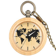 Natural Bamboo Wood Black World Map Display Quartz Pocket Watch Bronze Pocket Chain Steampunk Creative New Pendant Clock Gifts 2024 - buy cheap