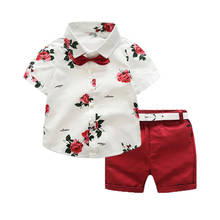 Conjunto de ropa para bebés y niños pequeños, traje Formal de fiesta con pajarita Floral, Camisa + Pantalones cortos + cinturón, 3 uds., 2019 2024 - compra barato