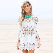 FORERUN Women Lace Dress Hollow Out Mini Beach Tunic O Neck Flare Sleeve Crochet Beachwear 2024 - buy cheap
