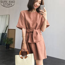 Vestido feminino vintage coreano solto rendas até cintura alta manga curta vestido de verão 2021 sólido algodão o-pescoço festa mini vestidos 9865 2024 - compre barato