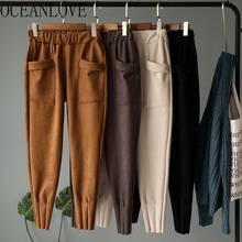 OCEANLOVE Suede Solid Women Pants Thick Warm High Waist Full Length Pant 2020 Casual New Fashion Trousers Pleated Bottoms 13380 2024 - buy cheap
