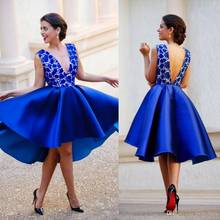New Royal Blue Plunging V neck Backless Short Prom Dresses Lace Satin Sexy Cocktail Homecoming Dresses Hi Lo Arabic Party Gowns 2024 - buy cheap