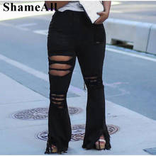 Plus Size Women Ripped Holes Skinny Flare Jeans 5XL High Waist Black Bell Bottom Female Jean Mom Skinny Wide Leg Denim Pants 2024 - buy cheap