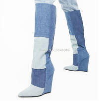 New Fashion Denim Wedge Long Boots Women Sexy Jeans Knee High Boots Lady Large Size Winter Boots Dropship Banquet Shoes 2024 - buy cheap