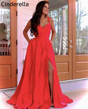 Fashion Prom Dresses V-Neck Straps A-Line Side Slit Court Train Satin Prom Dresses With Zipper Back vestidos de fiesta de noche 2024 - buy cheap