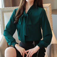 Blusas Mujer De Moda 2021 Bow Chiffon Blouse Solid Lantern Plus Size Tops Offfice Long Sleeve Korean Ladies Shirts Green 0392 2024 - buy cheap