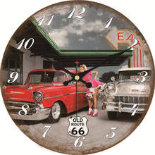 Reloj de pared de madera redondo con diseño de Ruta 66, reloj de pared con diseño de Coches Antiguos, Retro, de moda, con números árabes, fácil de leer 2024 - compra barato