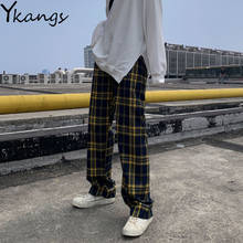 Harajuku vintage calças femininas retro japonês xadrez elástico de cintura alta cordão casual perna larga calças soltas 2020 nova carga 2024 - compre barato