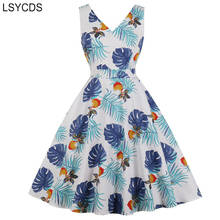 LSYCDS V-Neck Dress Summer Blue Tropical Print Style Retro Dress Women Pocket Side Cotton A Line Elegant Dresses 2024 - buy cheap