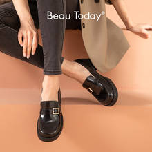 BeauToday-mocasines de cuero con punta cuadrada para mujer, zapatos planos informales de tacón de bloque, con hebilla, decoración JK, 27745 2024 - compra barato