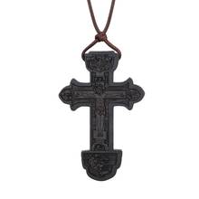 Crucifixo ortodoxo jesus pingente colares para homens preto ebony madeira cruz colar ajustável corda de couro cadeias jóias oração 2024 - compre barato