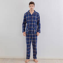 Conjunto de pijama de algodão puro masculino, conjunto de dormir com manga comprida e calças compridas, roupa casual solta para casa, pijama estilo britânico com calças 2024 - compre barato