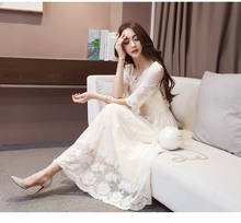 Spring and summer new women's Korean large size mid-length lace dress  white sexy dress   plus size dress  party long sleeve 2024 - buy cheap