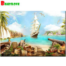 Mar cenário natural 5d pintura de diamantes quadrado completo pirata barco broca redonda bordado ponto cruz decoração de quarto de criança 2024 - compre barato