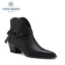 VAIR MUDO Motorcycle Boots Shoes Women Pointed Toe Square Heel Zipper Adult Ankle Shoe Genuine Leather Black Brown Spring DX166L 2024 - buy cheap