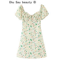 Chu Sau beauty-minivestido Floral plisado para mujer, vestido informal de cuello cuadrado, fresco y elegante, para vacaciones de verano 2024 - compra barato
