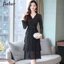 Jielur outono inverno vestido feminino sexy preto elegante vestidos de bolo de cintura alta manga longa chiques vestidos com decote em v robe femme vestido 2024 - compre barato