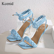 Kcenid New Summer Women Sandals Fashion Weave Design Transparent Heel Lace -Up Ladies Shoes Crystal High Heels Open Toe Sandals 2024 - buy cheap