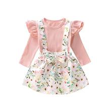 Conjunto infantil de manga longa, camisa de algodão para meninas com alça floral, conjuntos de roupas casuais para primavera e outono de 1-6 anos 2024 - compre barato