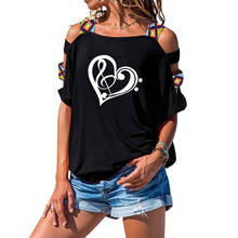 2019 Funny Women T-shirt Heart-shaped Music Print T-shirt Short Sleeve Summer Women Sexy Hollow Out Shoulder Tee 2024 - buy cheap