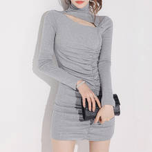 new arrival fashion slim party dress women temperament sexy high neck hollow cotton gray bag hip bottoming mini pencil dress 2024 - buy cheap