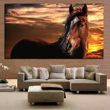 Caballo marrón en la cara, puesta de sol de pie, paisaje, animales, arte de pared, pintura, sala de estar arte para, decoración del hogar (sin marco) 2024 - compra barato