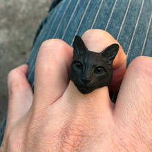 Anel cabeça de gato ajustável, anéis cor preta antigos prateados para homens e mulheres 2024 - compre barato