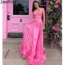 JaneVini Hot Pink Prom Dresses Long with Handmade Flowers A Line Sexy V-Neck Backless Graduation Party Dresses Women Evening 2024 - buy cheap