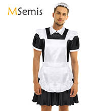 Mens Adults Sissy Maid Cosplay Costume Outfit Turn-down Collar Puff Sleeve Front Button Down Dress with Apron and Headband 2024 - buy cheap