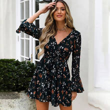 Mulheres cinto floral impressão com decote em v vestido plissado queimado mangas compridas cintura alta vestidos femininos 2020 primavera verão senhora boho vestido 2024 - compre barato