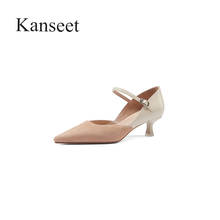 Kanseet New Women Pumps Patchwork Genuine Leather Fashion Handmade 2021 Spring Autumn Pointed Toe Buckle Strap Thin Heels Shoes 2024 - buy cheap