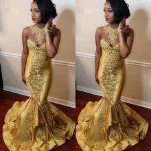 Sexy Sheer Gold Appliqued Mermaid Prom Dresses 2020 Plus Size Satin Formal Evening Gowns Tiered Ruffles Long Party Dress 2024 - buy cheap