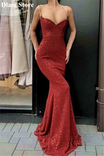 Wine Red Sequins Prom Dress Mermaid Spaghetti Straps Sleeveless Sexy Lace-up Back V-neck Evening Dress cкоктейльные платья 2024 - buy cheap