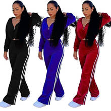 Autumn Fashion Velvet Tracksuit Two Piece Set Women 2022 Hooded Long Sleeve Crop Jackets+side Striped Wide Leg Pant Co-ord Suit 2024 - buy cheap