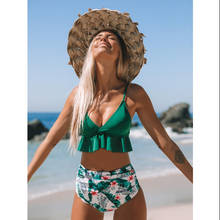 2021 Sexy Green Floral Ruffled Swimsuit Two Piece Set Women High Waist Bikini Set Summer Push Up Bikinis Mujer Biquini Swimwear 2024 - купить недорого
