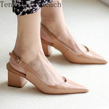 2021 Summer Natural Patent Leather Pointed Toe Chunky High Heels Slingback Retro Solid Beige Color Women Shoes Sandals 2024 - buy cheap