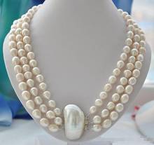 Free shipping NATURAL 3strands 12mm rice white Freshwater pearl necklace mabe 23inch 2024 - buy cheap