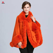 Capa europeia com gola de raposa, capa feminina folgada, de caxemira, com manto de pelo falso 2024 - compre barato