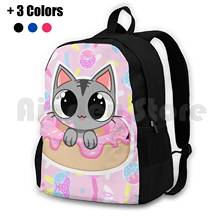 Donut Cat! Outdoor Hiking Backpack Waterproof Camping Travel Cute Sweet Donuts Treat Pastel Pretty Kawaii Cat Kitty Kitten Grey 2024 - buy cheap