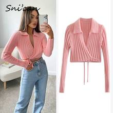 Snican Solid Long Sleeve Drawstring Sexy Cropped Tops Sweater Za 2021 Women Fashion Turn Down Collar Pullover Ladies Jumper New 2024 - buy cheap